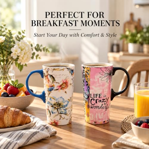 Topadorn 2 Pack Ceramic Travel Mug Set, 17oz Floral Cup, Gift for
