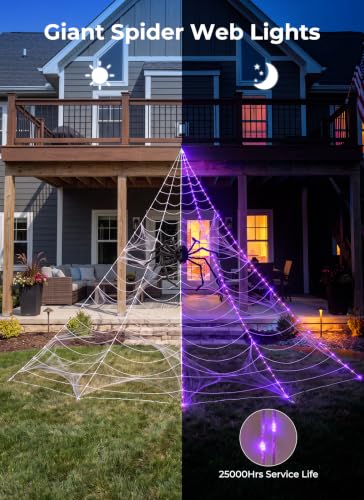 Halloween Decorations Spider Web Lights - Purple 16.4Ft LED Light Up Web & Lifelike Spider