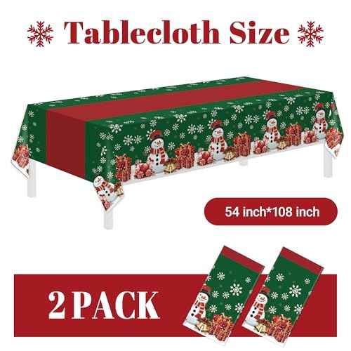 Childom 2 Pack Christmas Tablecloth,Disposable Plastic Tablecloth 54" x 108" Christmas Decorations Xmas Party Supply,Snowman Green Table Cloth,Plastic Table Cover for Indoor,Outside,Home,Dinner,Party