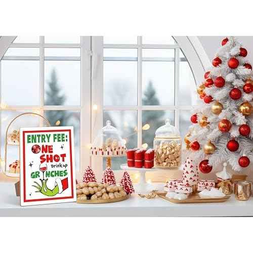 Entry Fee One Shot Table sign - Christmas Party, Drink up Grinches for Christmas Holiday Party Decorations, 8¡¿11 Wooden Play Sign with Stand