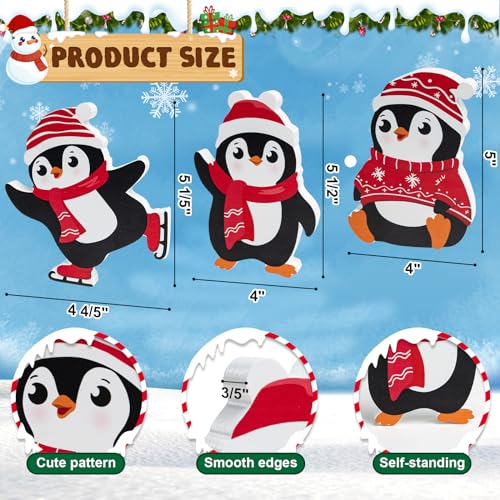 COCHIE Penguin Christmas Decorations Indoor, Cute Penguins Winter Tiered Tray Decor Set of 3, Wooden Penguin Blocks Xmas Table Decoration for Party Home Office Shelf Door (Red)