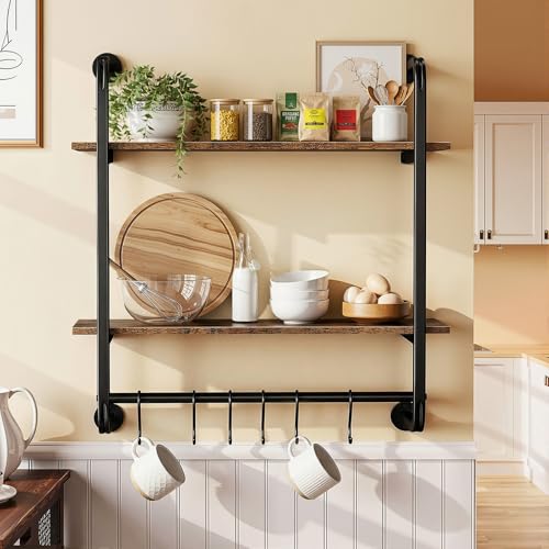 2-Tier Industrial Pipe Floating Wall Shelf - 24 Inch Kitchen & Living Room Storage