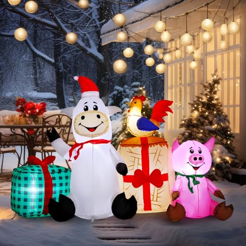 Capoda 6 ft Christmas Inflatable Farm Cow Scene with Pig & Chicken – Outdoor LED Yard Decor