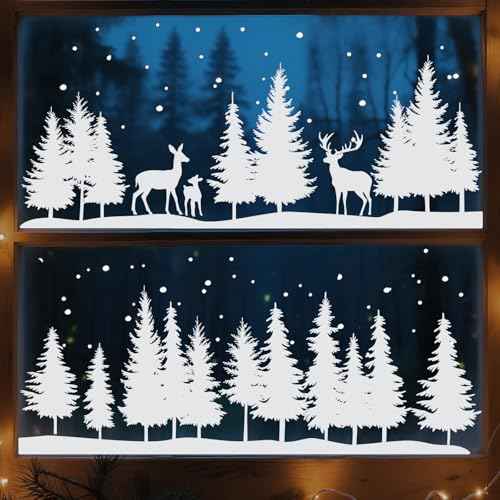9sheets Christmas Window Clings Snowy Forest Trees Reindeer Reusable Double-Sided White Winter Christmas Static Clings for Windows Holiday Decor for Shop Home