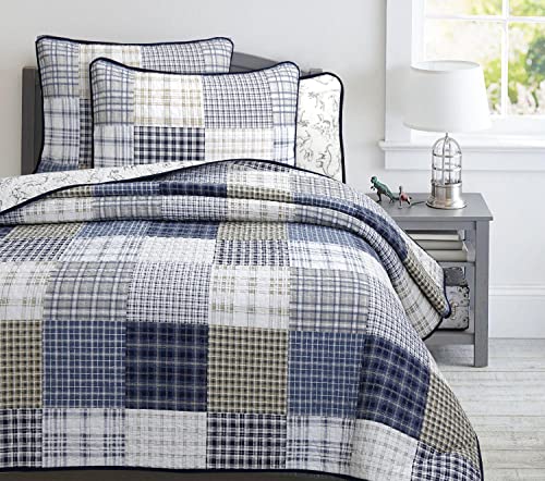 Queen Dinosaur Plaid Cotton Reversible Bedding Quilt Set for Kids Boy - Cozy Line Home Fashions