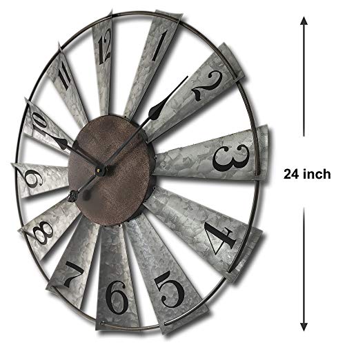 24 Inch Windmill Wall Clock - Rustic Metal Farmhouse Decor, Oversized Non-Ticking