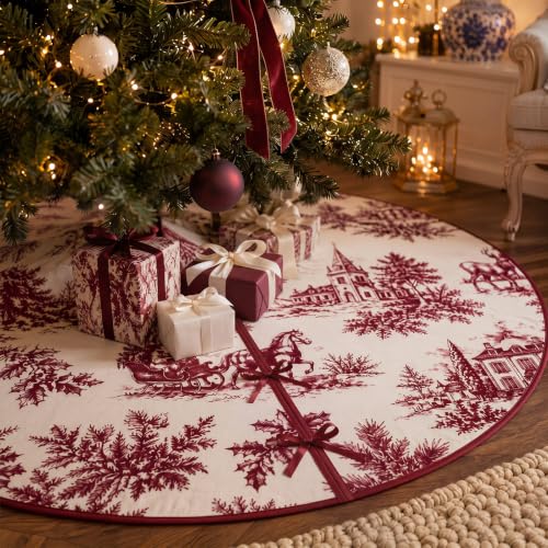 Foilswirl 48'' Red Toile de Jouy Christmas Tree Skirt - Vintage Santa Scene