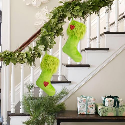 nuvagiki 2-Pack 18-Inch Green Velvet Christmas Stockings for Mantle or Wall Decor