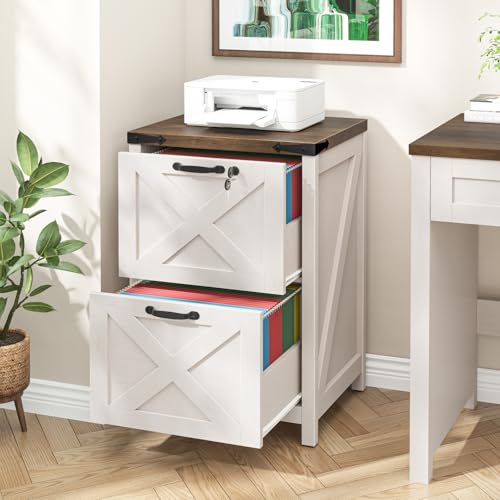 Farmhouse White 2-Drawer File Cabinet with Lock - Rustic Home Office Storage