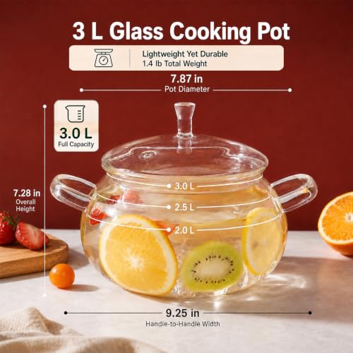 3L Borosilicate Glass Simmer Pot for Stove Top Cooking, Durable & Easy to Clean