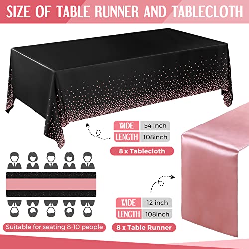 Tudomro Black and Rose Gold Plastic Tablecloths & Satin Runner Set - 16 Pack for Weddings & Parties