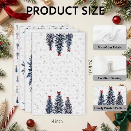 JIUWEIHU 4 Pcs Blue Christmas Kitchen Towels Winter Xmas Tree Dish Cloths Multi 0346