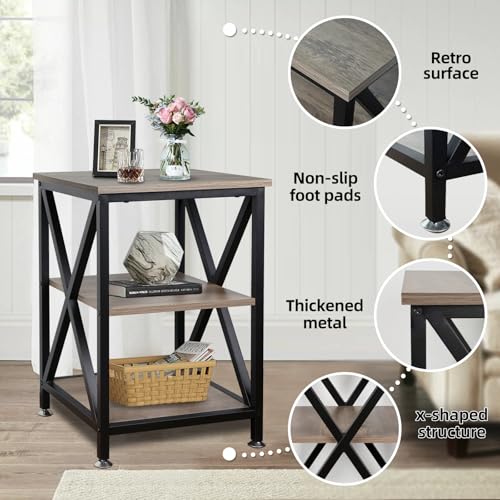Set of 2 End Tables for Living Room - 16 x 16 x 24 Inches with Storage Shelf, Farmhouse Style, X-Shaped Night Stands
