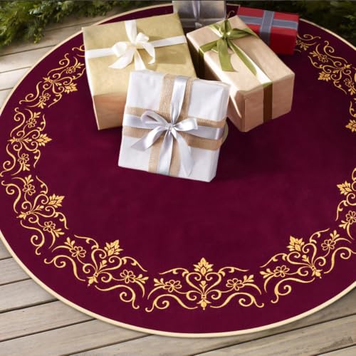 Scritism Burgundy Velvet Christmas Tree Skirt 36 Inch with Gold Embroidery