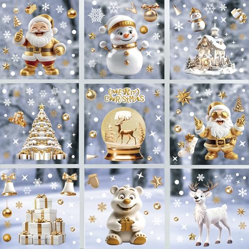 198pcs 3D Gold Christmas Window Clings for Glass Windows, White Snowflake Santa Claus Double-Sided Reusable Holiday Window Stickers for Home,Cafe,Mall Glass Door,Office,Party Christmas Decorations