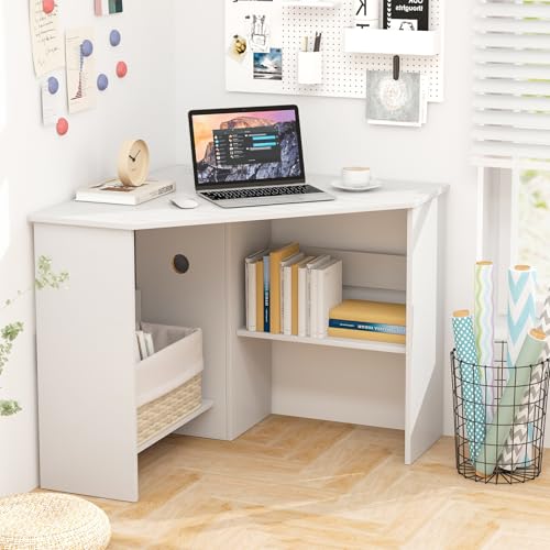 Tangkula White Corner Desk 33.5 x 33.5 x 29 Inches Space-Saving Study Table