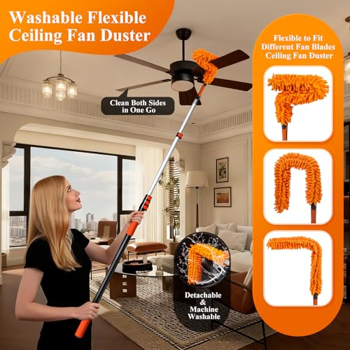 26ft High Reach Duster Kit with 20ft Extension Pole for Ceiling & Fan Cleaning - Includes Cobweb & Window Squeegee