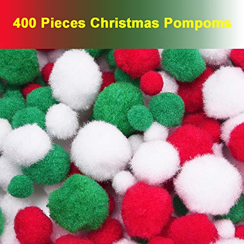Livder Christmas Pom Poms Pompoms for Art Crafts Gift Decorations, Red Green White, 400 Pieces