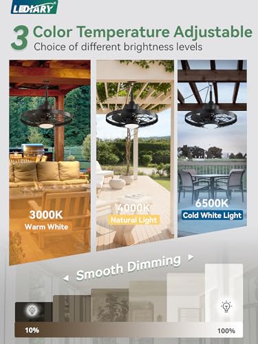 Outdoor 20-Inch Waterproof Ceiling Fan with Lights - Black, Remote, Dimmable LED