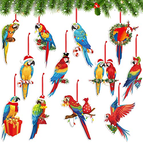 12 Pcs Wooden Parrot Christmas Ornaments - Holiday Tree Decorations