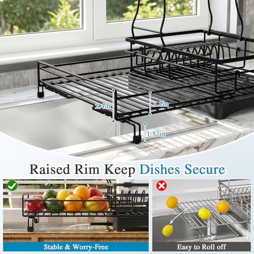 Black Double-Tier Extendable Dish Drying Rack with Drainboard & Utensil Holder
