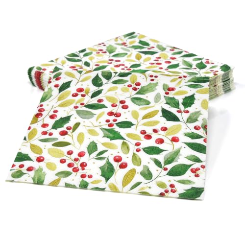 Christmas Holly Berry Cocktail Napkins - 50 Pack for Holiday Parties
