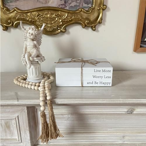 Decorative Books for Home Decor, White Faux Books for Decoration, Rustic Farmhouse Stacked Display Books with 52in Wood Bead Garland for Coffee Tables Living Room, (Happy)