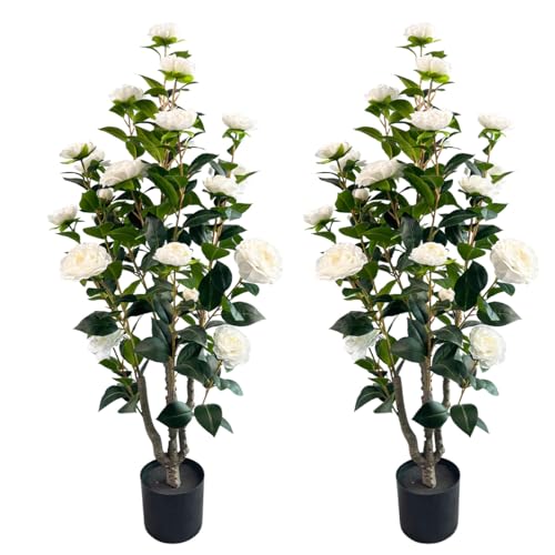 Artificial Camellia Tree 3.4FT - Faux Plant Indoor Outdoor Decor 2 Pack - White