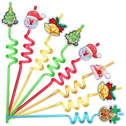 Reusable Christmas Curly Drinking Straws - 8 Pack with Cartoon Designs & Cleaning Brushes