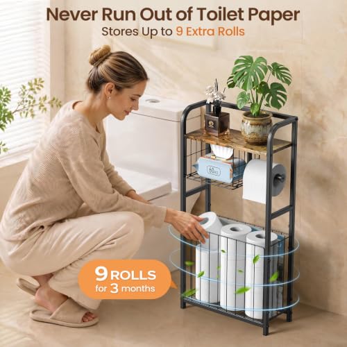 Black Freestanding Toilet Paper Holder Stand with Storage Shelf for Small Bathrooms