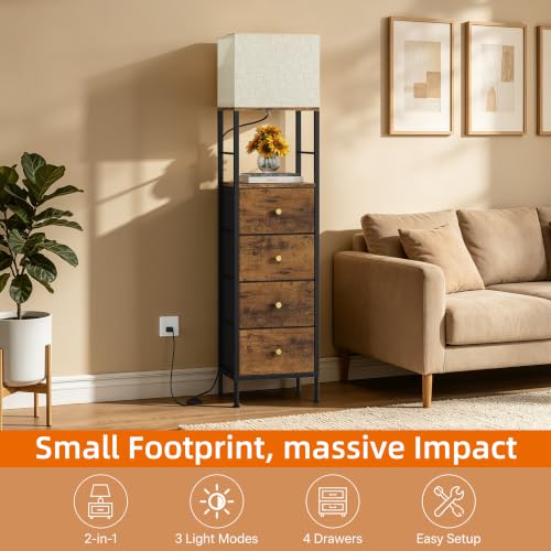 Tall Rustic Brown Nightstand with Light & 4 Fabric Drawers - 11"D x 15"W x 60.4"H