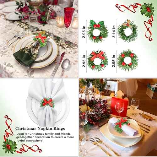 Christmas Napkin Rings Set of 12, Holly Pine Needle Berry Napkin Rings Bow Wreath Leaf Napkin Ring Holders for Christmas Holiday Banquet Party Table Decoration, 4 Style