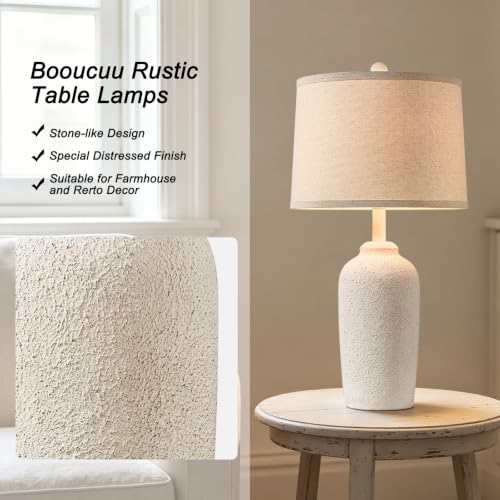 Farmhouse Table Lamp for Living Room & Bedroom - Antique White Stone-Like Bedside Lamp