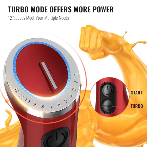 5-in-1 Hand Immersion Blender Set - 1000W Red, Includes Beaker, Food Processor, Whisk & Frother