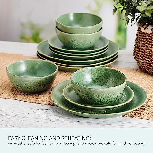 12-Piece Dinnerware Set Service for 4 - Green Floral Stoneware