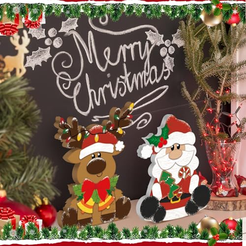 Merry Christmas Wooden Decorations Set - 3 Pcs Rustic Table Centerpieces