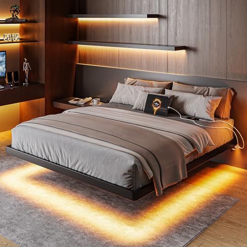 Feonase Full Size Floating Bed Frame with Charging Station and Led