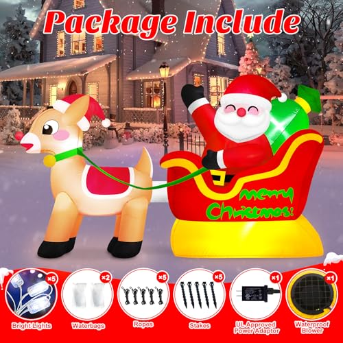 MICOCAH 6FT Santa and Reindeer Inflatable Christmas Yard Decoration with LED Lights