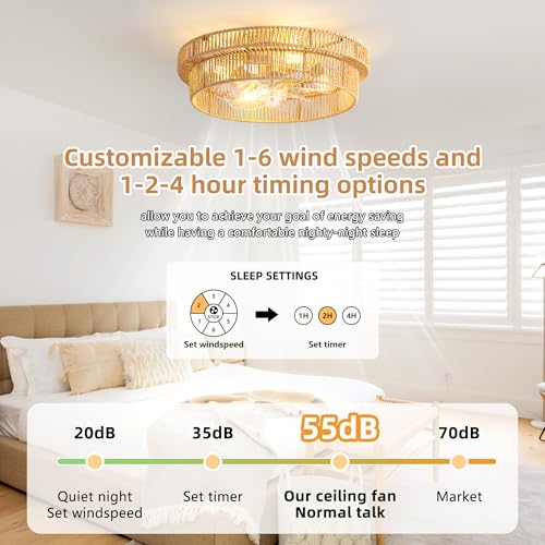 Brown Rattan Boho Ceiling Fan with Light 20 Inch Flush Mount Low Profile