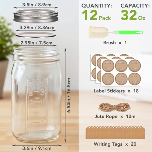 12 Pack Wide Mouth Mason Jars with Airtight Split Lids - 32 oz & Decorative Accessories