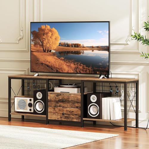 YATINEY Rustic Brown 63" TV Stand with Power Outlet, Fabric Drawers & Open Shelves