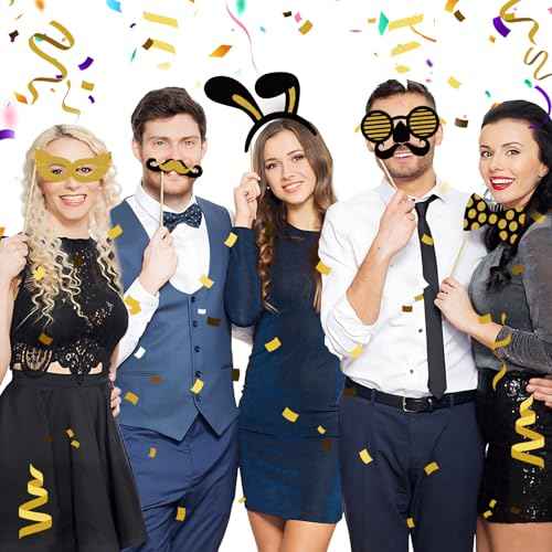 Photo Booth Props, Kaluofan 25PCS Black and Gold Party Decorations, Funny Photo Party Props Accessories for Adults and Kids, Photo Booth Props for Wedding Birthday Christmas New Year¡®s Eve