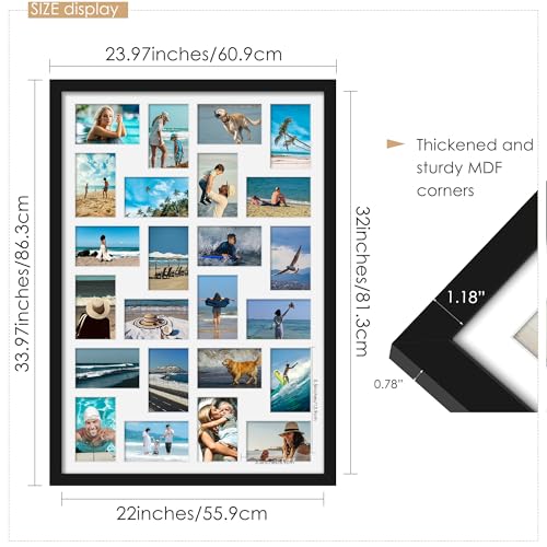 DUENPY 22x32 Inch Collage Photo Frame for 24 4x6 Photos Black - Easy Install, Shatterproof Plexiglass, Wall Mountable