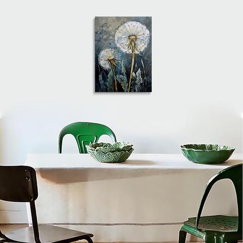 Dandelion Canvas Wall Art - Framed Wildflower Botanical Painting | Serene Blue Gray Rustic Decor, 12x16 Inches