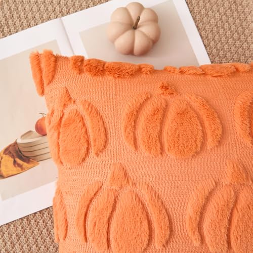 Kevin Textile Fall Pillow Covers 18x18 Inch Set of 2 Soft Pumpkins Decorative Square Pillowcases Plush Autumn Faux Fur Cushions Harvest Gift for Couch Sofa Chair Bedroom Home Decor, Orange