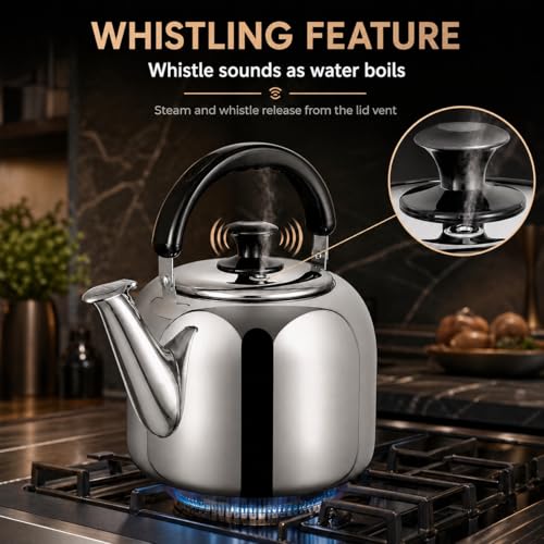 3.1 Quart Whistling Stovetop Tea Kettle - Food Grade 316 Stainless Steel, Fast Boil with Ergonomic Handle
