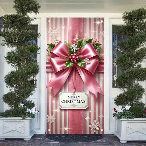 Christmas Door Cover Christmas Pink Bow Holly Hanging Banner Backdrop Gift Box Photography Background Holiday Door Hanging Cover Door Cover Banner for Xmas Holiday New Year 71X35 Inch