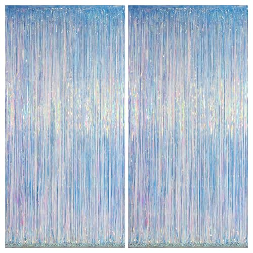 Melsan Iridescent Foil Fringe Backdrops Party Decorations - 3.2 x 6.5 ft Metallic Tinsel Photo Backdrop Curtains for Mermaid Unicorn Birthdays Parties - Iridescent 2 Packs