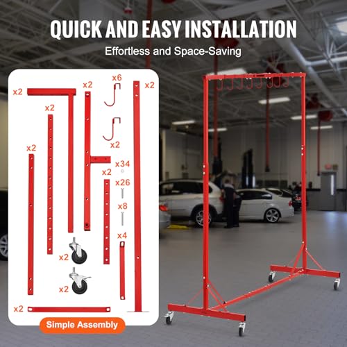 Red Adjustable Automotive Paint Rack with 8 Hooks, 5-7 ft Height, 66 lbs Capacity