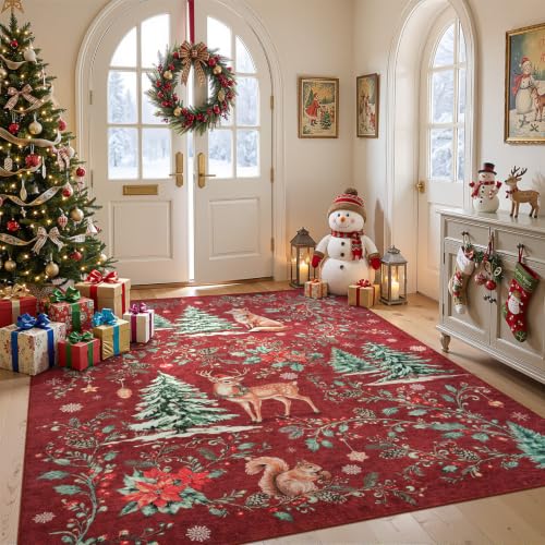 Rugflix 5x7 Red Christmas Area Rug - Washable Non-Slip Holiday Decor